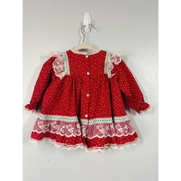 Bryan Girls Toddler Baby Christmas Dress Red Floral Lace Ruffle Button Back Vtg - Picture 2 of 7